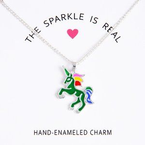 Green Unicorn Enamel Silver Clavicle Pendant Necklace